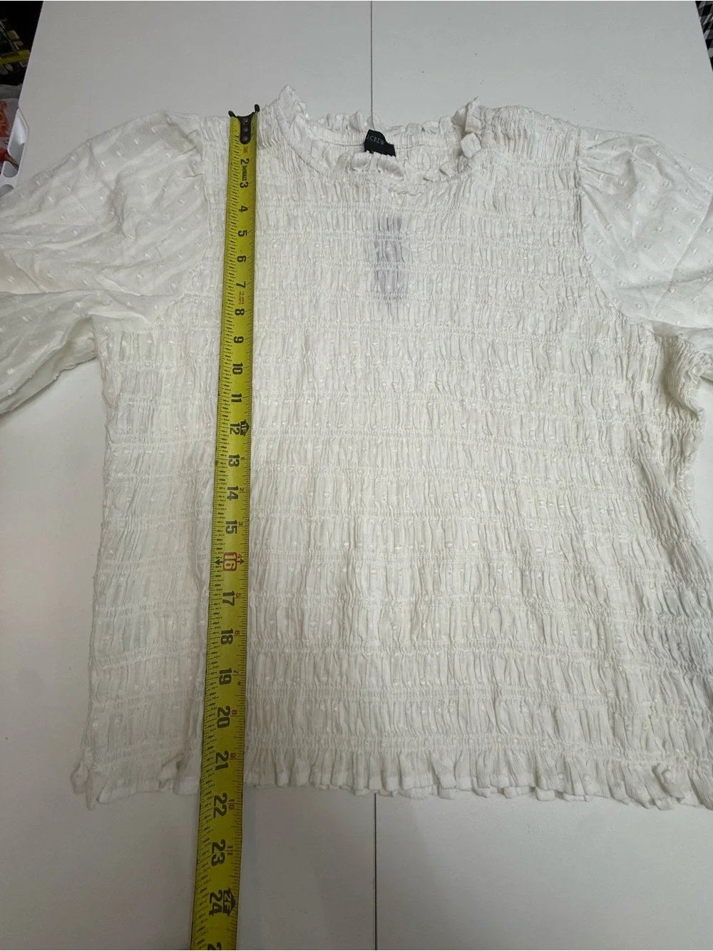 J. Crew White Smocked Puff-Sleeve Ruffle-Trim Blouse size XL